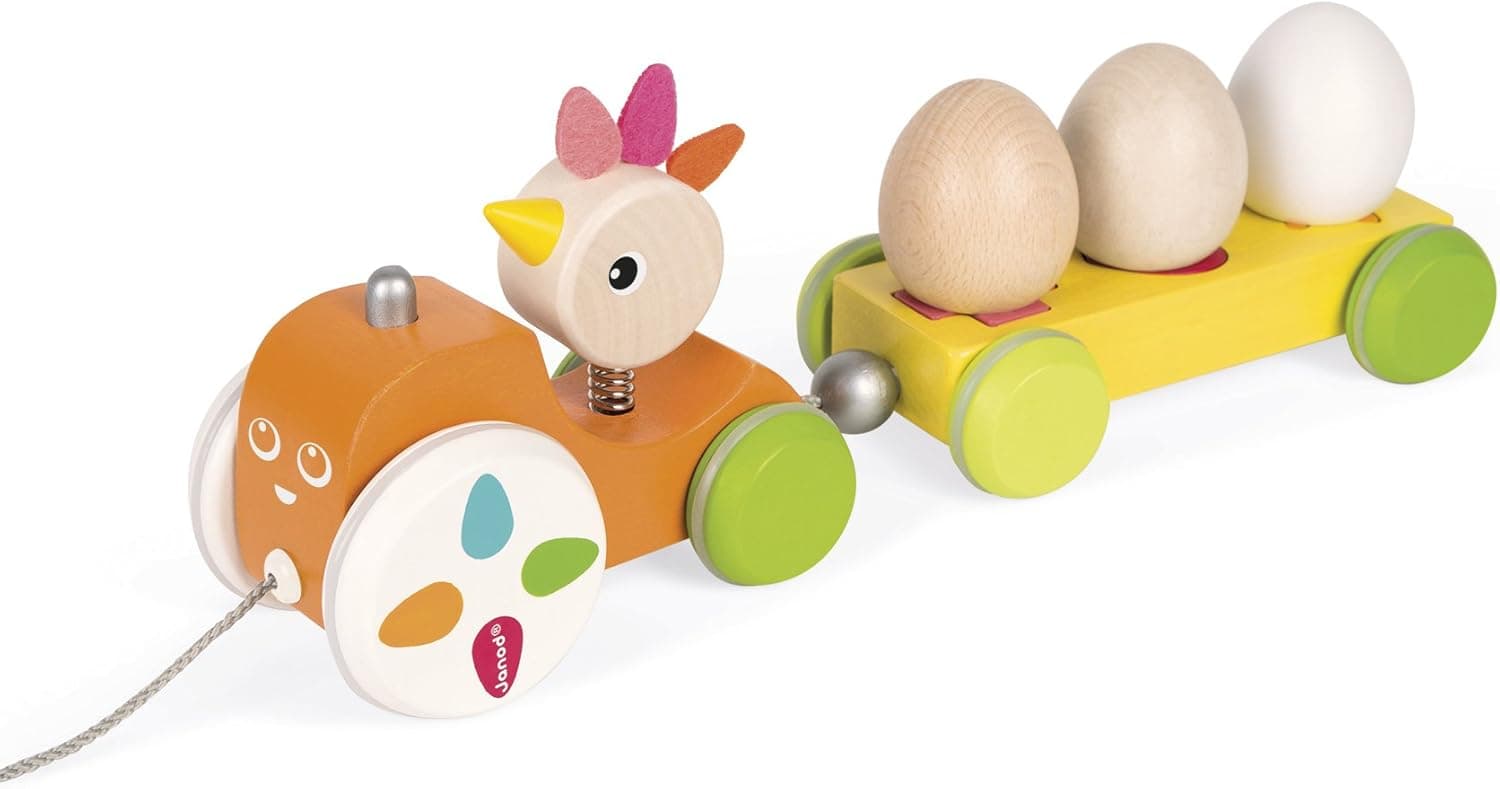 Janod Zigolos Pull Along Shape Sorter Tractor Hen Early Learning and Motor Skills Toy Made of Beech and Cherry Wood for Ages 12 Months+