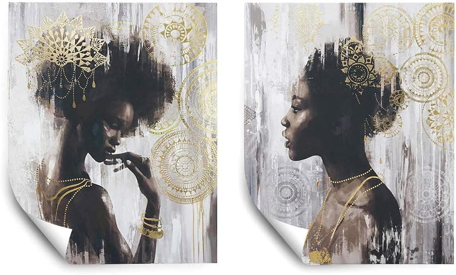 Pi Art Poster African American Gold Art Canvas Wall Art Set, Beauty Portrait Wall Painting Modern Wall Decor for Home Decoration (16x20 inch, A & B Unframed)