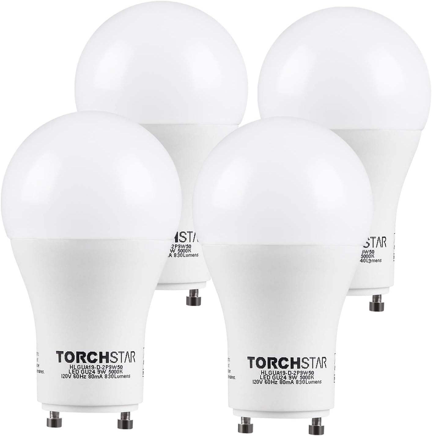 TORCHSTAR 9W Dimmable A19 LED Light Bulb GU24 Base, Energy Star UL-Listed Bulb, 60W Equivalent, 840 Lumens, 5000K Daylight, 310° Omni-Directional General Lighting, Pack of 4