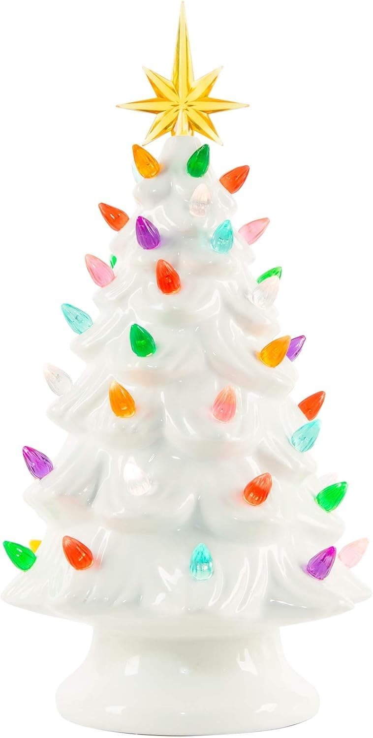 13 Inch Medium Ceramic Christmas Tree Battery Operated Tabletop Artificial Christmas Decoration Tree with Multicolored Lights, White Christmas Tree, Star Included, Battery Not Included