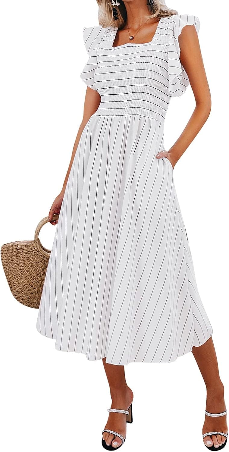 Miessial Women's Striped Linen Long Dress Elegant Ruffle Cap Sleeves Midi Dress