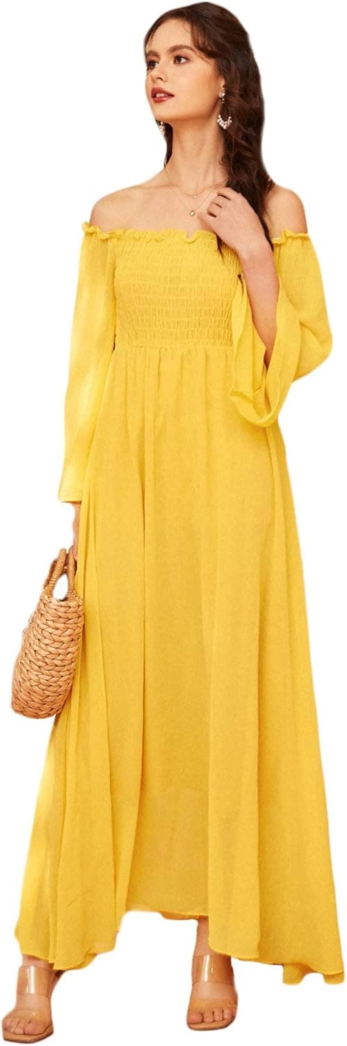 Floerns Women's Off Shoulder Bell Long Sleeve Shirred Beach Party Maxi Dress