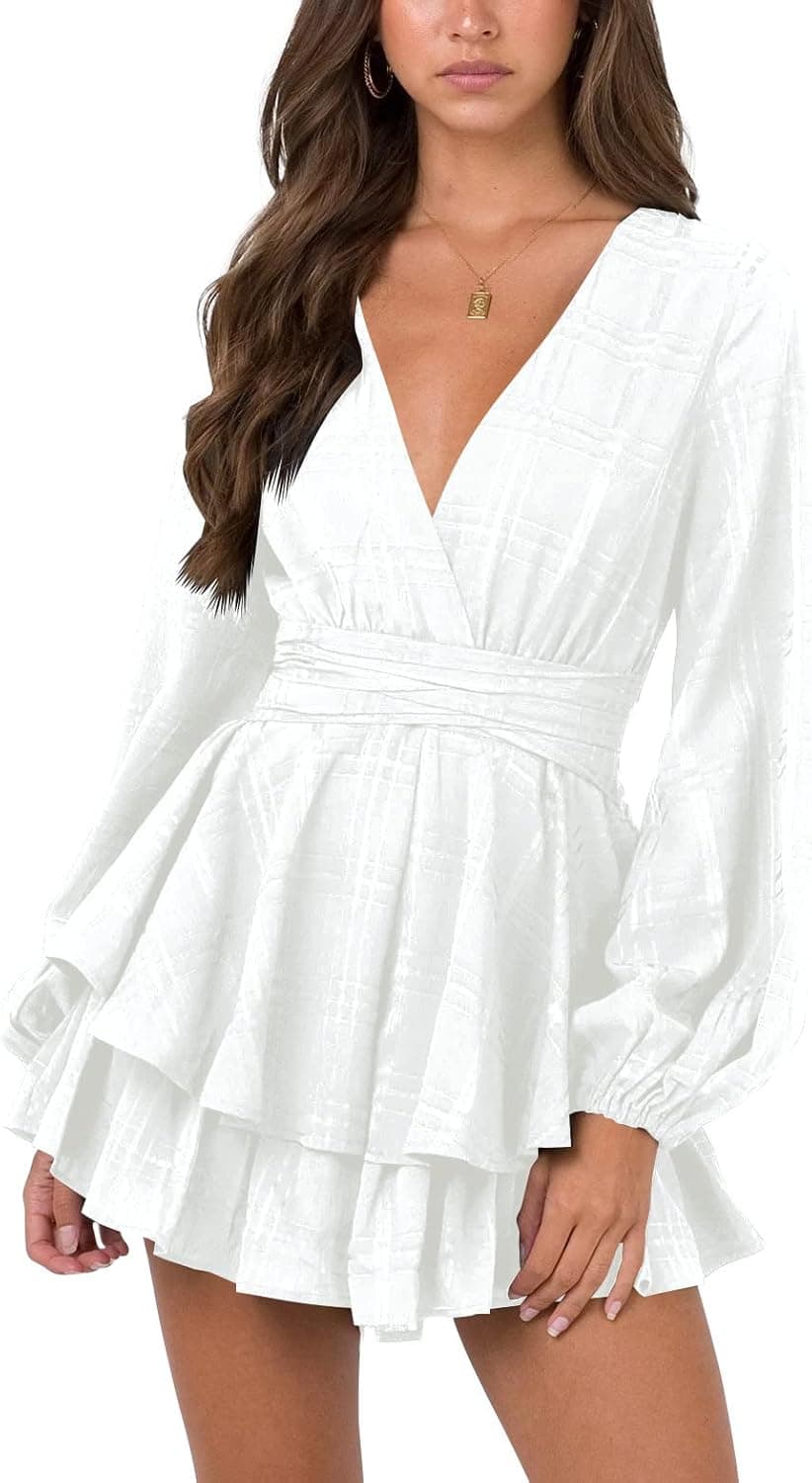 Nova In Sky Womens Sexy V Neck Long Baggy Sleeve Tie Waist Ruffle Hem Flowy Swing Mini Short Wrap Dress
