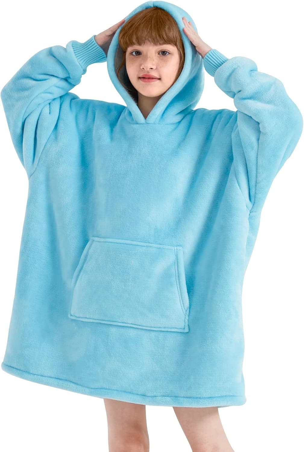 Touchat Wearable Blanket Hoodie, Oversized Sherpa Blanket Sweatshirt with Hood Pocket and Sleeves, Super Soft Warm Plush Hooded Blanket for Kids, One Size Fits All (Blue)