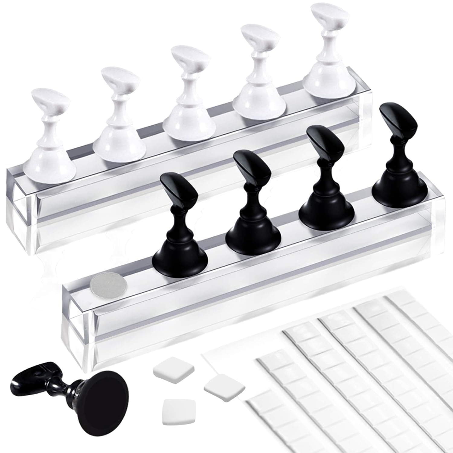 2 Sets Acrylic Nail Art Holder Practice Display Stand with 102Pcs White Reusable Adhesive Putty, Kalolary Magnetic Nail Art Tips Holders Training DIY Display Practice Stands(Black and White)