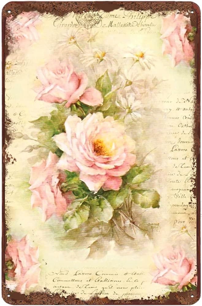 Dreacoss Pink Rose Anique Vintage Tin Sign Flower Decor Floral Metal Sign for Home Office Coffee Bar Club Pub Store Housewarming Gift 12x8 Inch