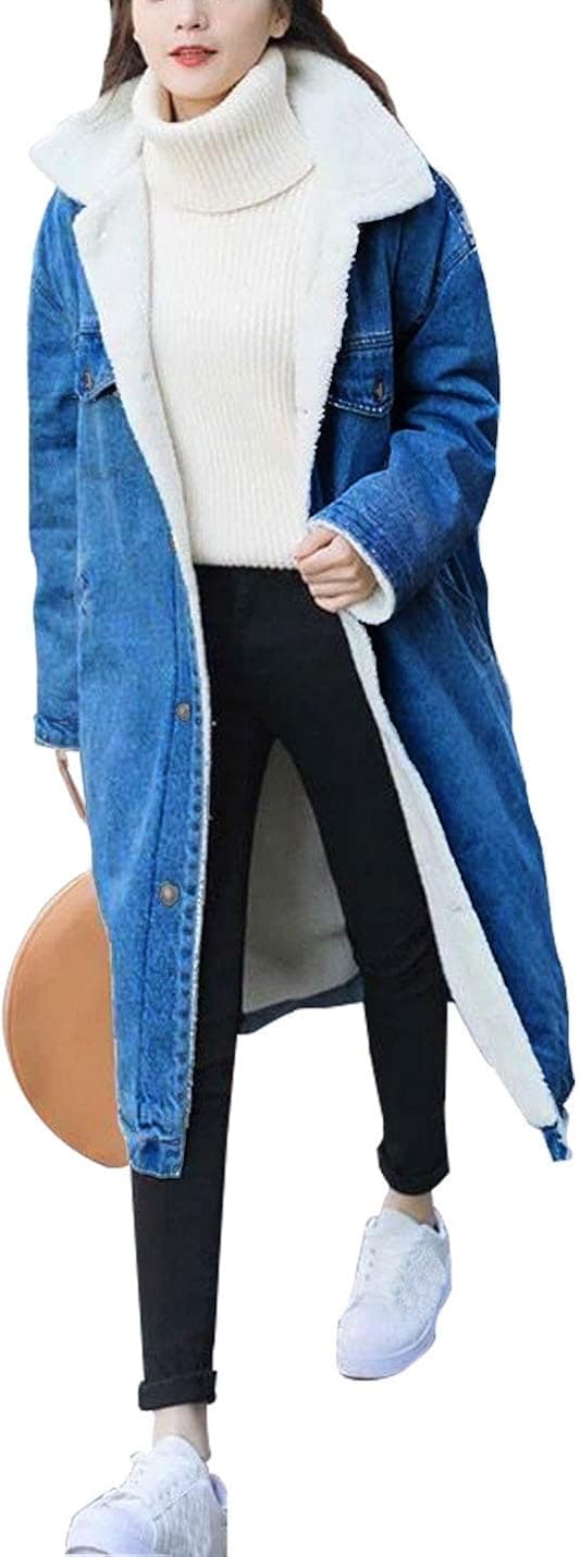 Omoone Women's Vintage Lapel Sherpa Fleece Lined Loose Fit Thicken Denim Jacket