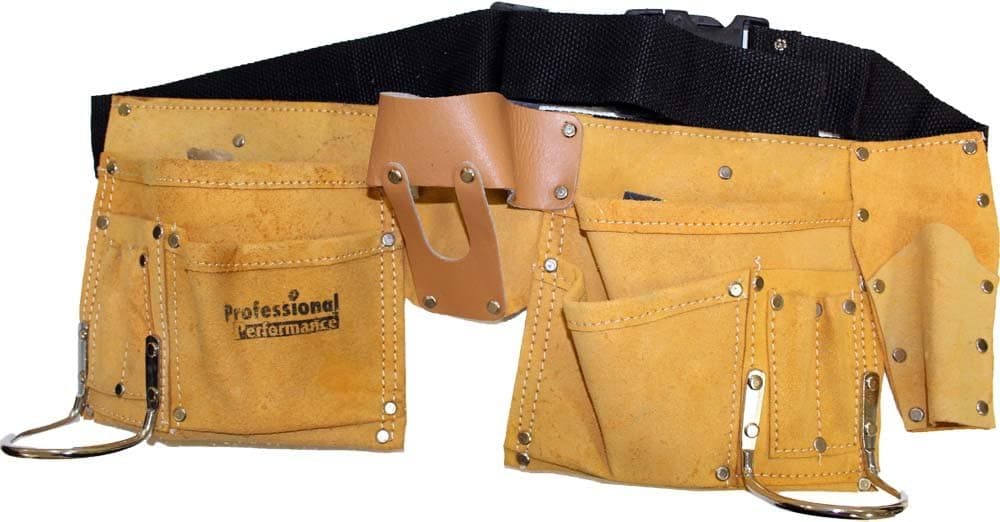 Raven 11 Pockets Leather Tool Belt with Nylon Strap I Double Pouch | Tape Measure Holder I 2 Leather Hammer Holders I Adjustable Belt with Quick Release I Great For Smaller Fun Sized Users