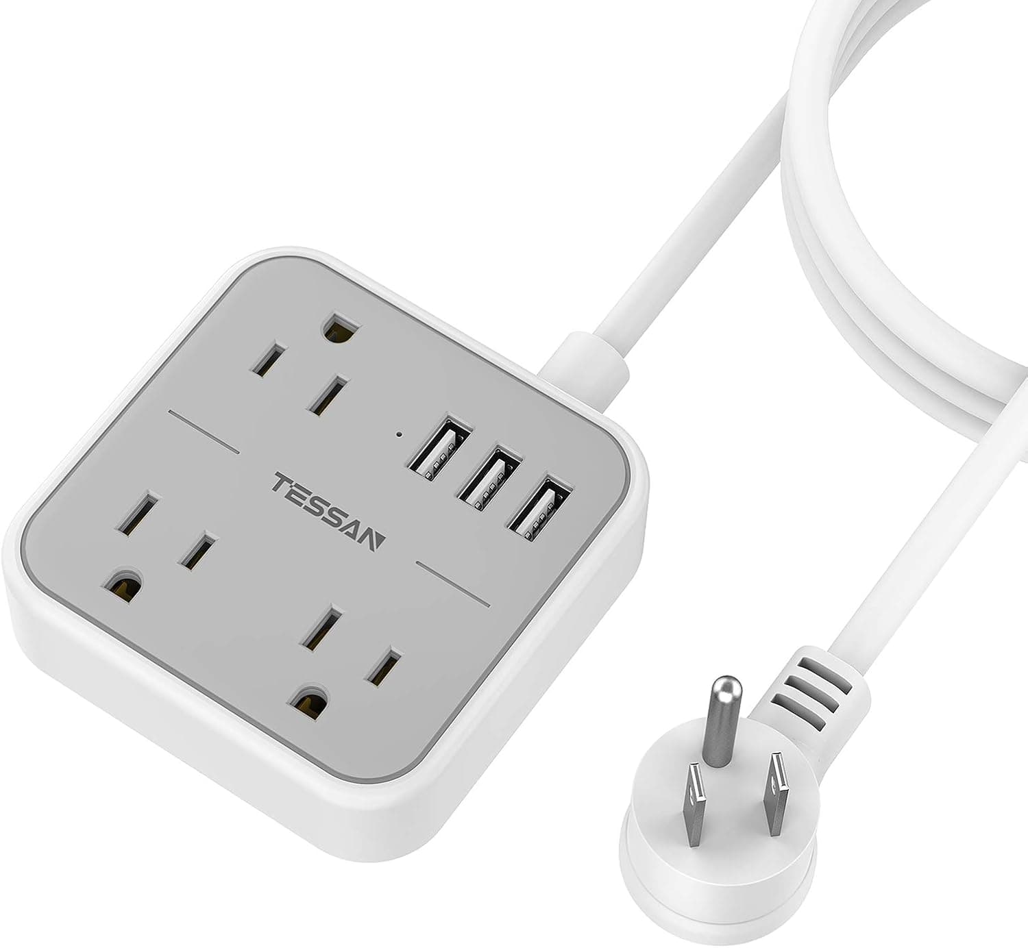 Cruise Power Strip with Long Extension Cord 9.8 Feet, TESSAN No Surge Protection Power Strip Flat Plug with 3 Outlets 3 USB Ports, 1250W 10A, Compact for Cruise Ship, Dorm Essentials, Office, Gray