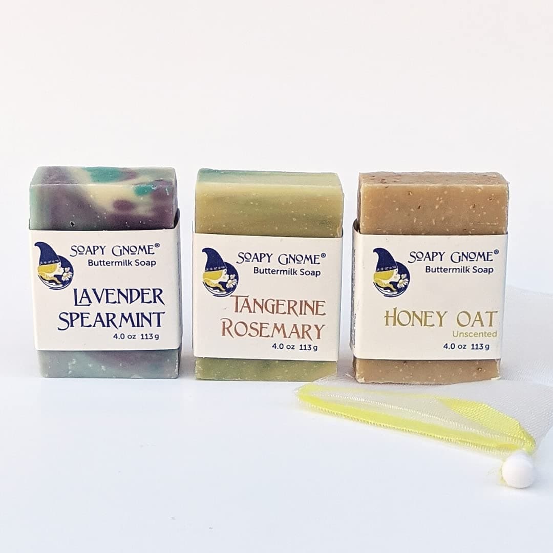Soapy Gnome Buttermilk Soap Variety Pack with Soap Saver: Lavender Spearmint, Tangerine Ginger, Unscented Honey Oatmeal - Handmade in USA, Palm-free