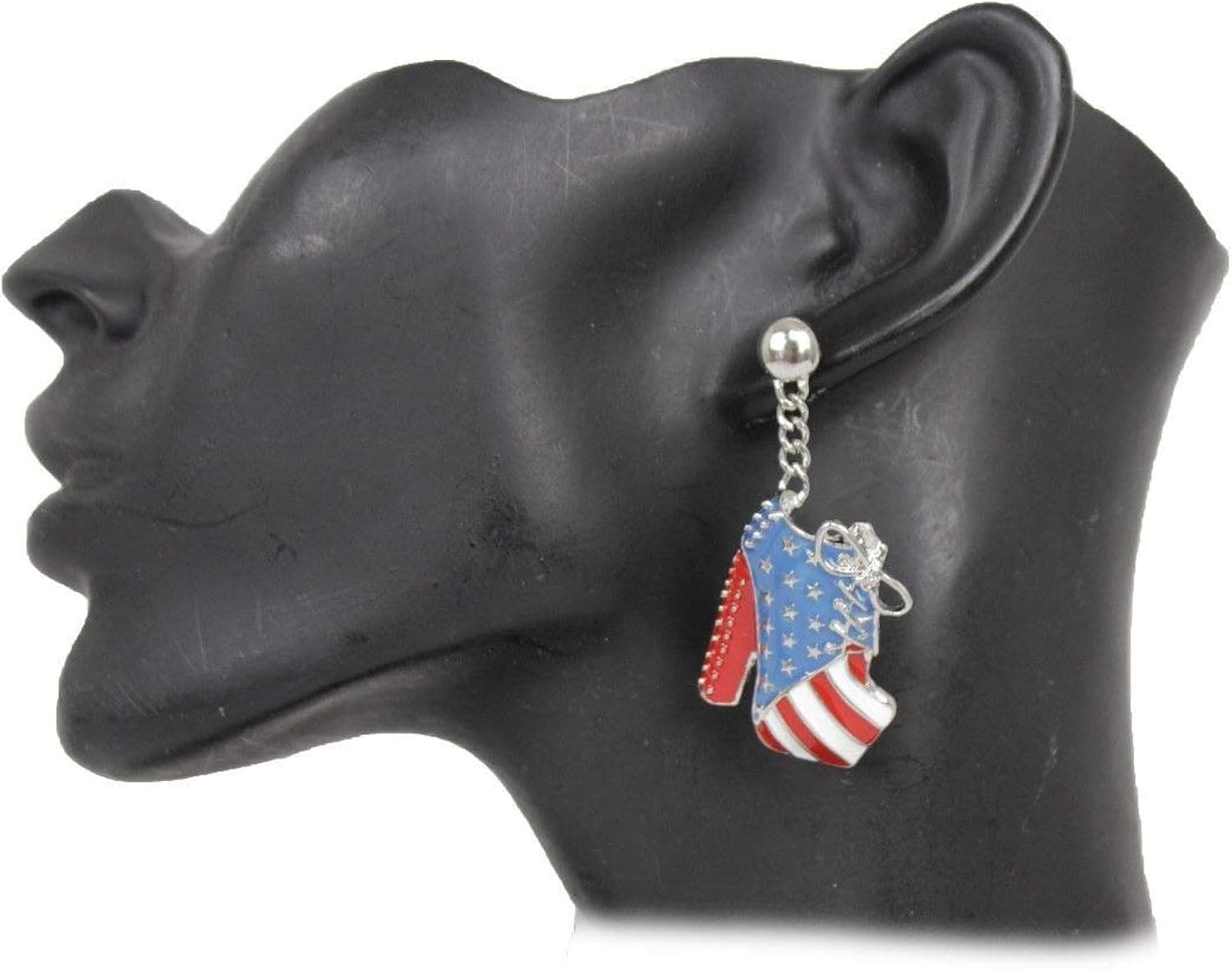 TFJ Women Fashion Jewelry Hook Earrings Set Silver Metal Chains American Flag Shoes USA Pump