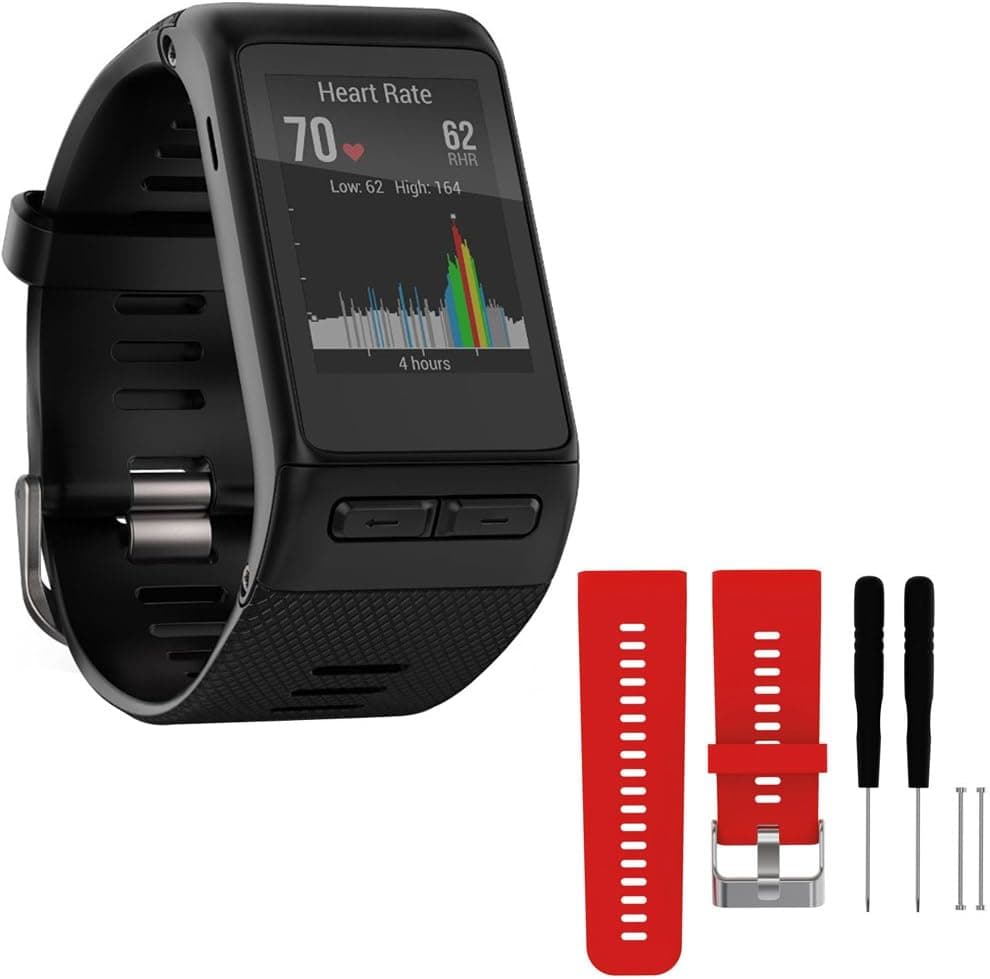 Garmin vivoactive HR GPS Smartwatch - Regular Fit - Black (010-01605-03) with General Brand Silicone Band Strap + Tools Vivoactive HR Sport Watch (Red)