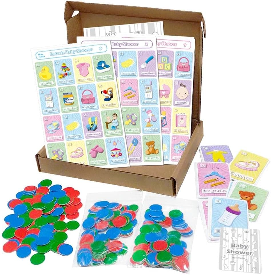 More Fiesta Baby Shower Loteria Bingo in Spanish, for 30 Players with Chips in A Box