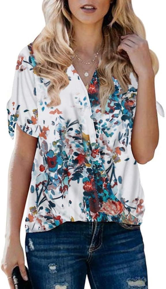 Xineppu Women's Floral Wrap V Neck Blouses Tie Sleeves Flowy Summer Loose Shirts White