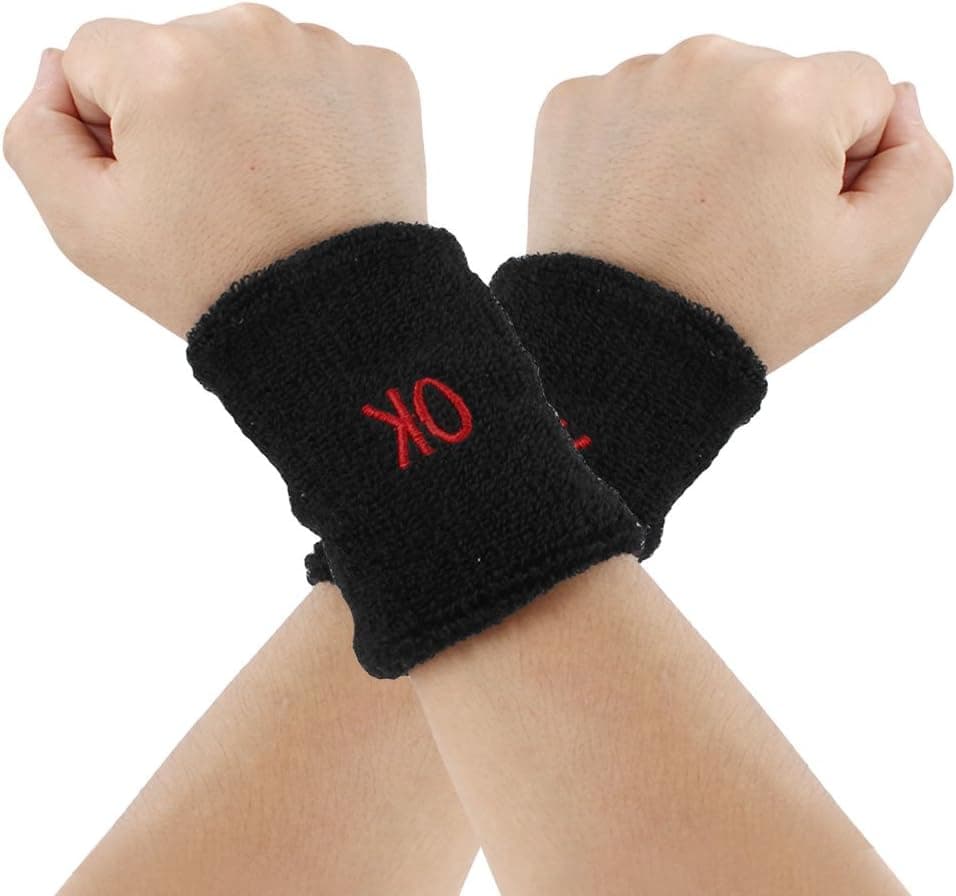 Black Elastic Terry Wrist Sweatband Sports Support 2Pcs