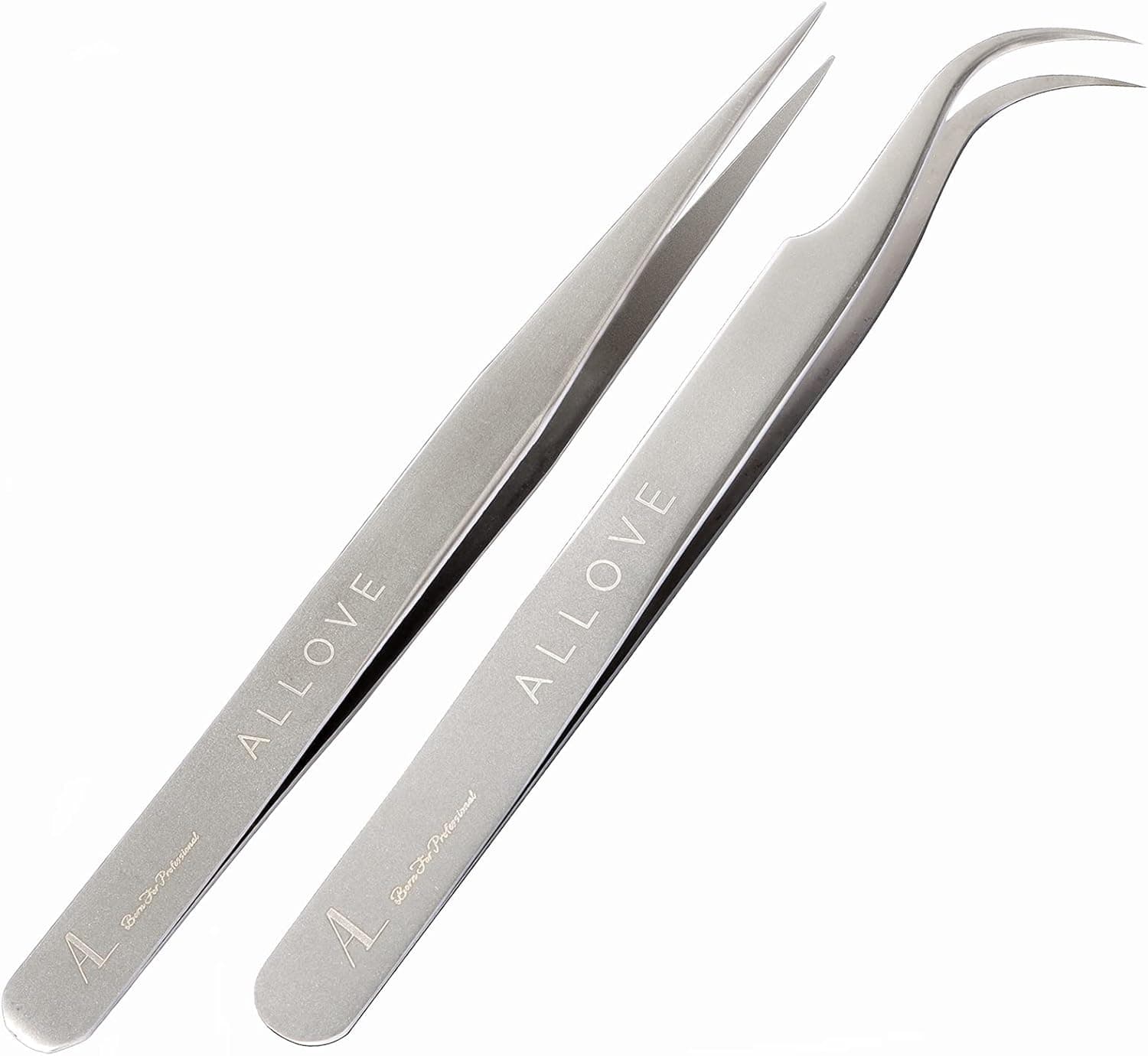 ALLOVE Eyelash Extension Tweezers for Lash Extensions Stainless Steel Lash Tweezers for Eyelash Extensions Isolation Volume Lash tweezers - Silver(Straight and Curved Lash Tweezers)