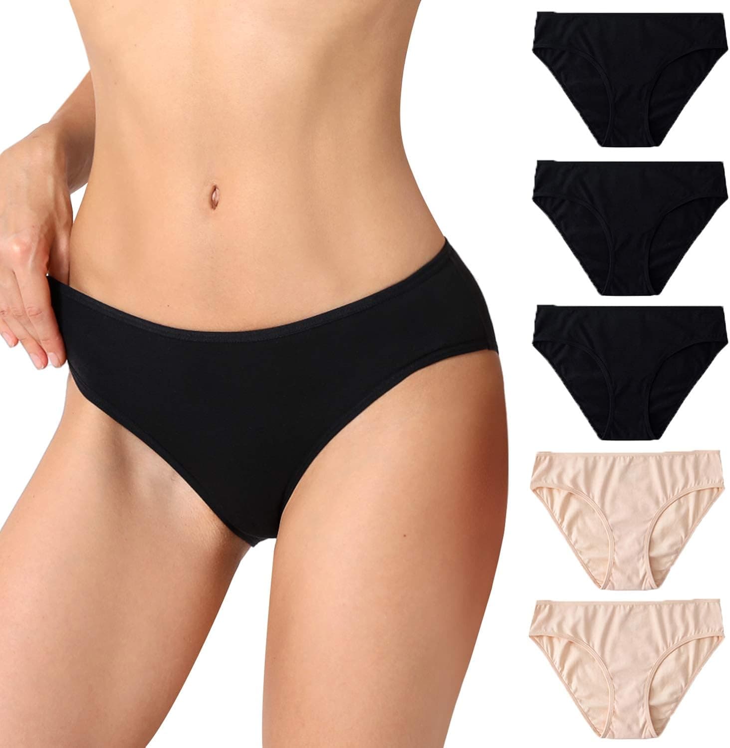 CAIANFEN Womens Cotton Bikini Underwear No Show Seamless Panties Full Coverage Hipster Briefs for Women 5 Packs S M L XL XXL Black Beige