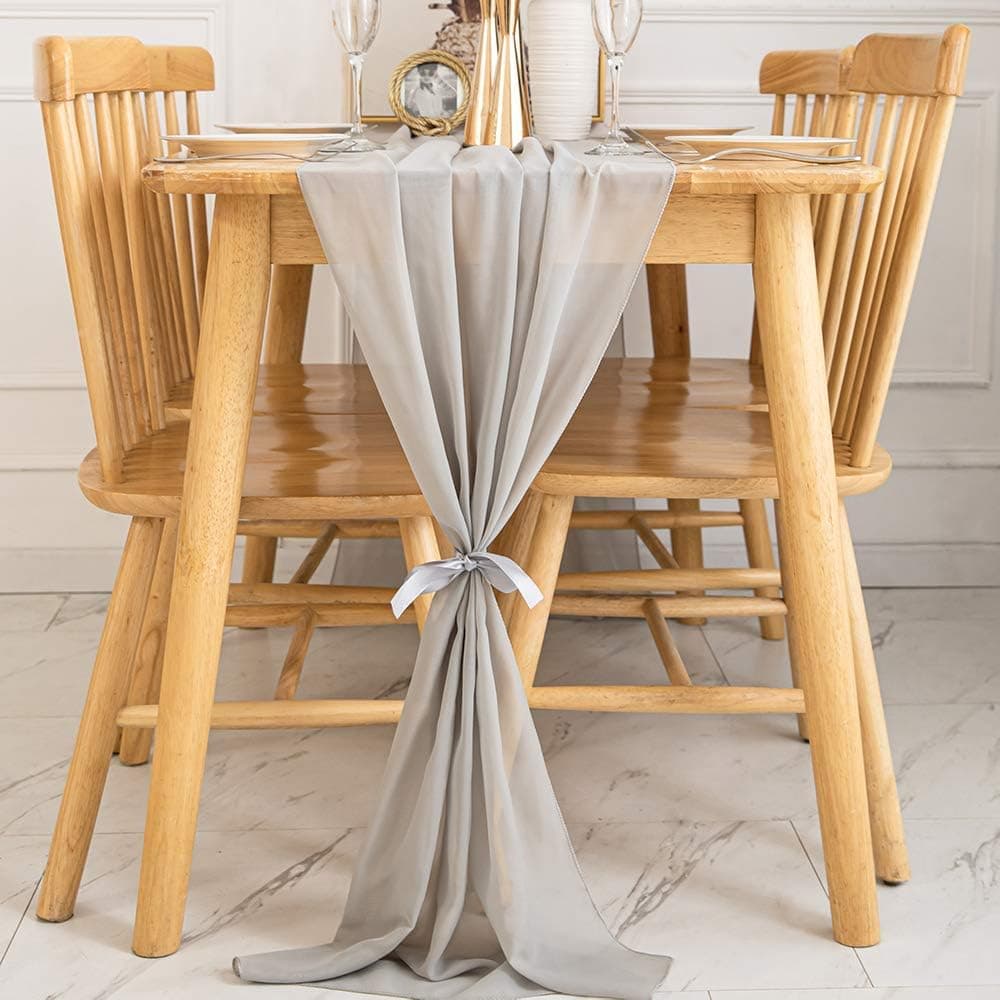 GJDECO 27 x 120 Inches Chiffon Table Runner Silky Chic Sheer Tablecloth Table Decoration for Boho Wedding Decor (Silver)