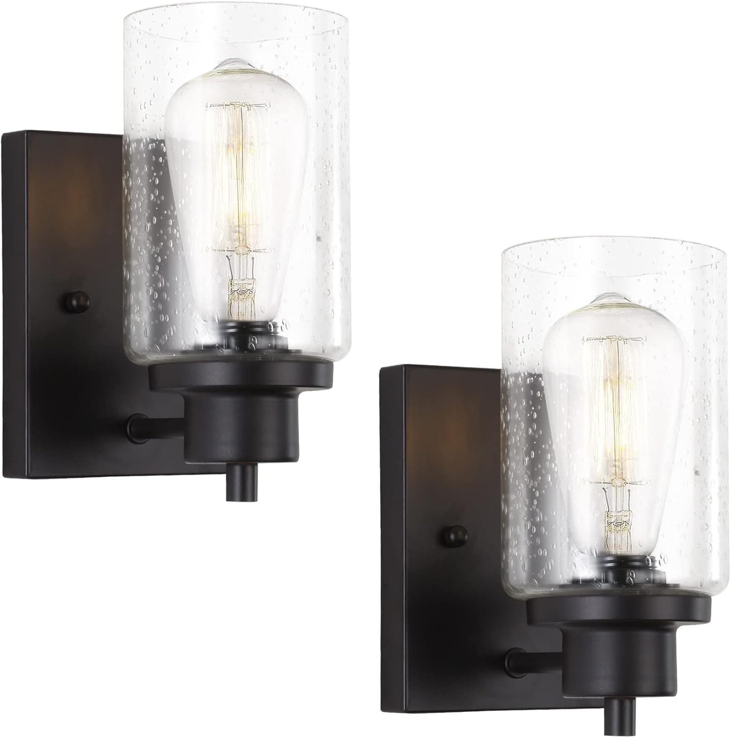 Eidonta 2-Pack Bath Vanity Light Fixtures Wall Sconces, Modern Indoor Bathroom Wall Lights with Seeded Glass, Black Wall Light Fixtures for Bedroom Mirror Kitchen Living Room Entryway Patio