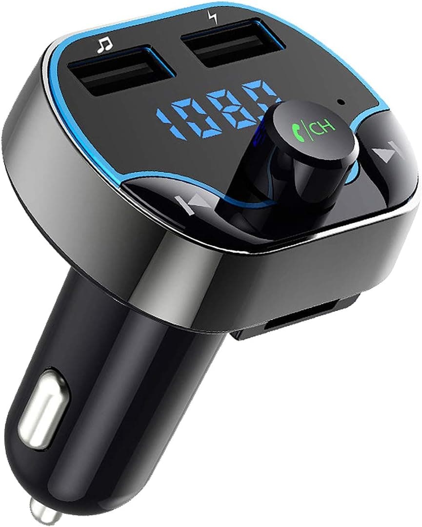 Sunjoyco Bluetooth FM Transmitter for Car, Wireless Radio Audio Car Receiver Adapter Kit with Hands-Free Calling, Dual USB Charger 5V/2.4A & 1A, Music Player Support TF/SD Card, USB Disk