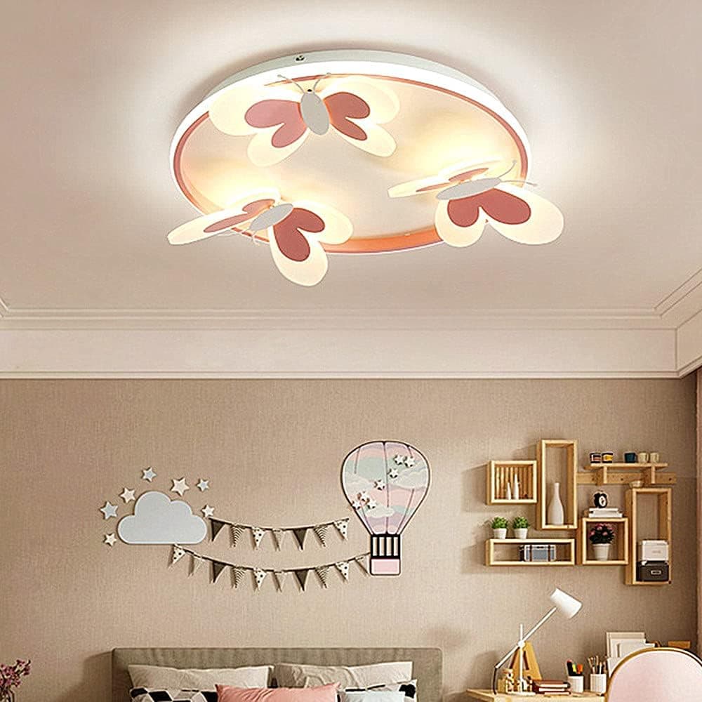 SUSUO Butterflies LED Chandelier, Girl's Bedroom Ceiling Lighting in Pink & White, Funny Cartoon Flush Mounted Light for Kid's Room Kindergarten Living Room Bedroom