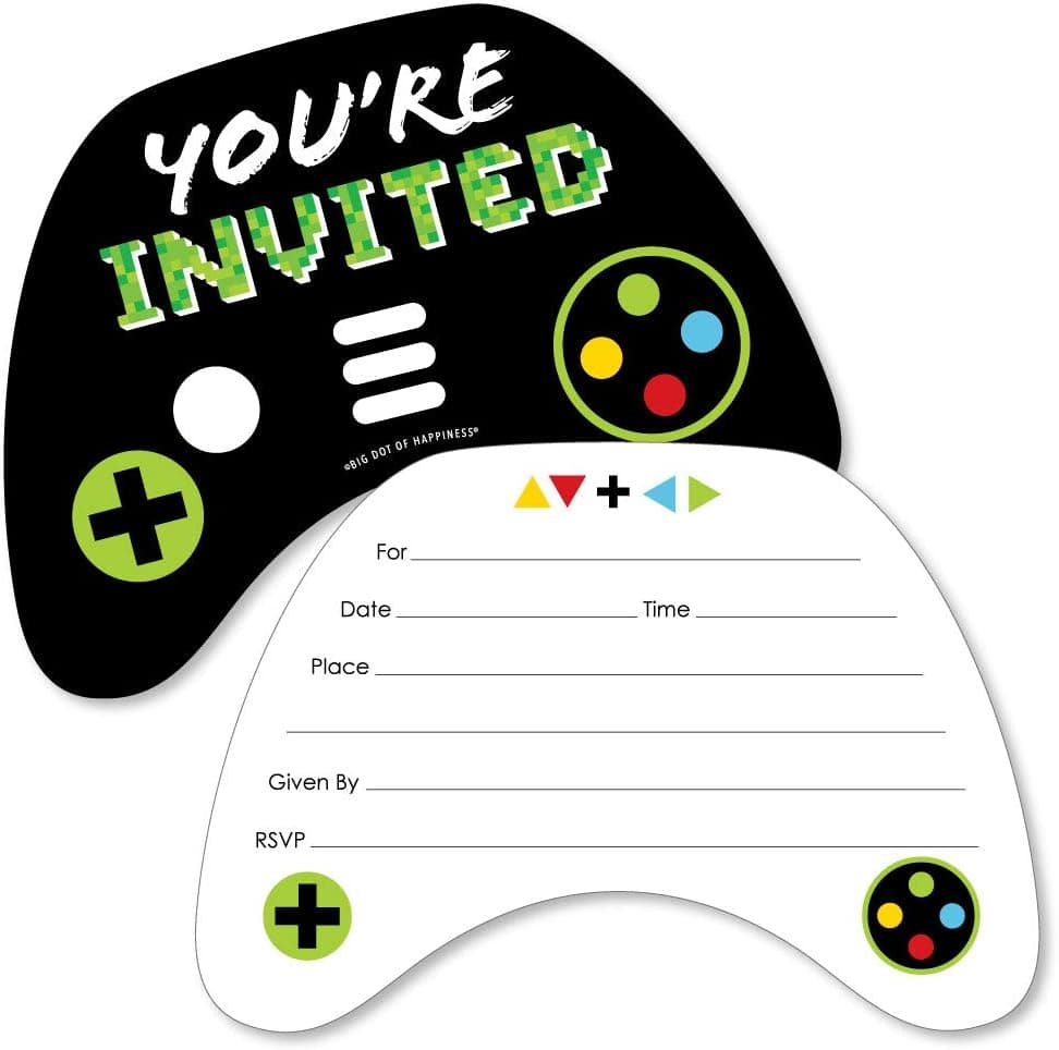 Game Zone - Shaped Fill-In Invitations - Pixel Video Game Party or Birthday Party Invitation Cards with Envelopes - Set of 12