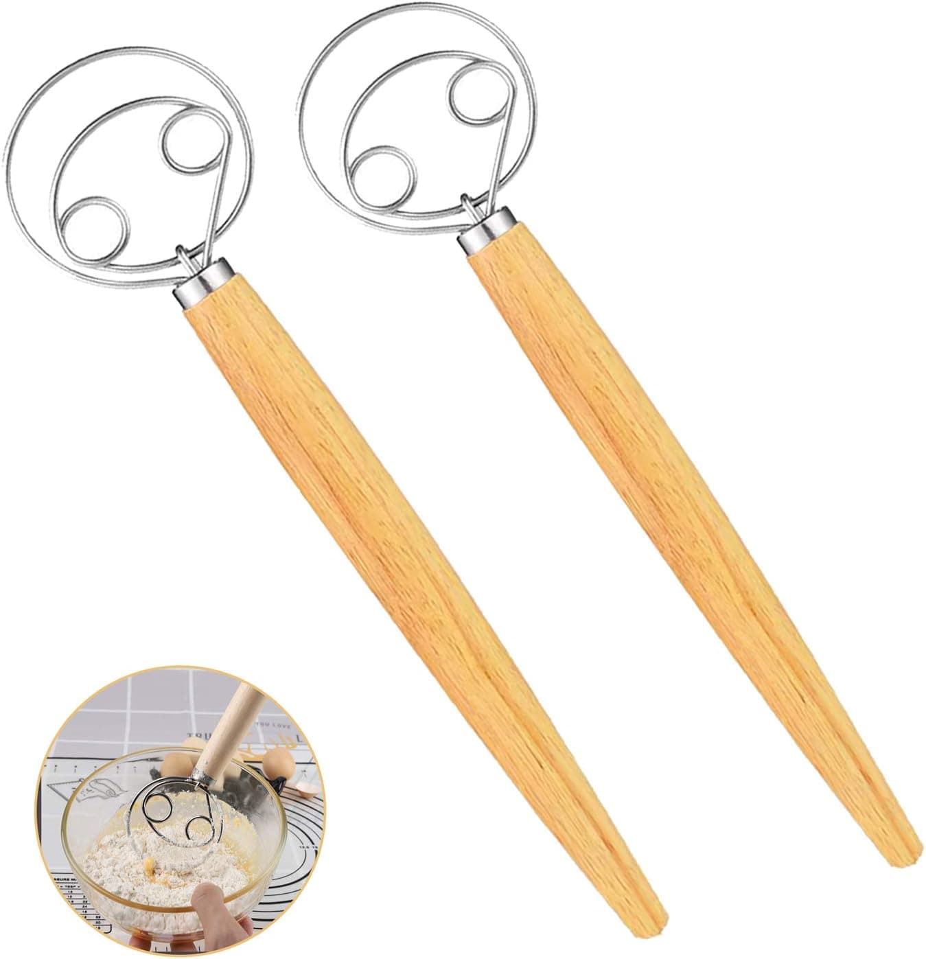 XUDHAH 2 Pcs 13 Inch Danish Dough Whisk Large, Dutch Style Baking Tools Wooden Handle Whisk for Making Bread, Cake, Pizza, Cream, Biscuits