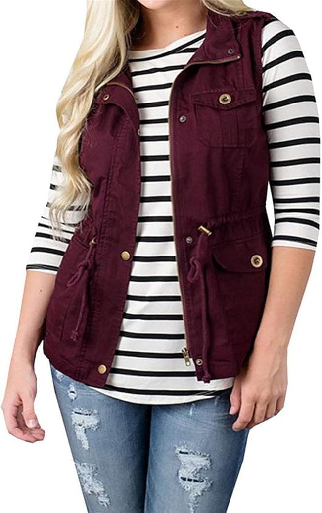 Womens Lightweight Sleeveless Military Anorak Drawstring Jacket Vest Cargo Utility Safari Vest