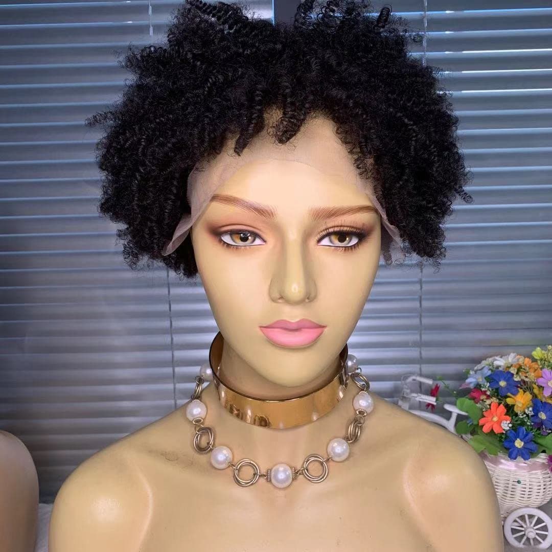 iVogue Hair Afro Kinky Curly T Lace Front Human Hair Wigs with Bangs Malaysian Virgin Hair Short Bob Lace Wigs for African Americans Black Women (10inch)