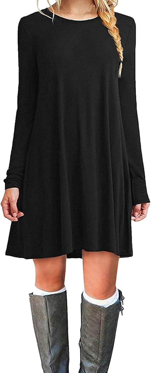 KARALIN Women's Casual Plain Simple Long Sleeve Crew Neck Plus Size T-Shirt Dress(26W,Black)