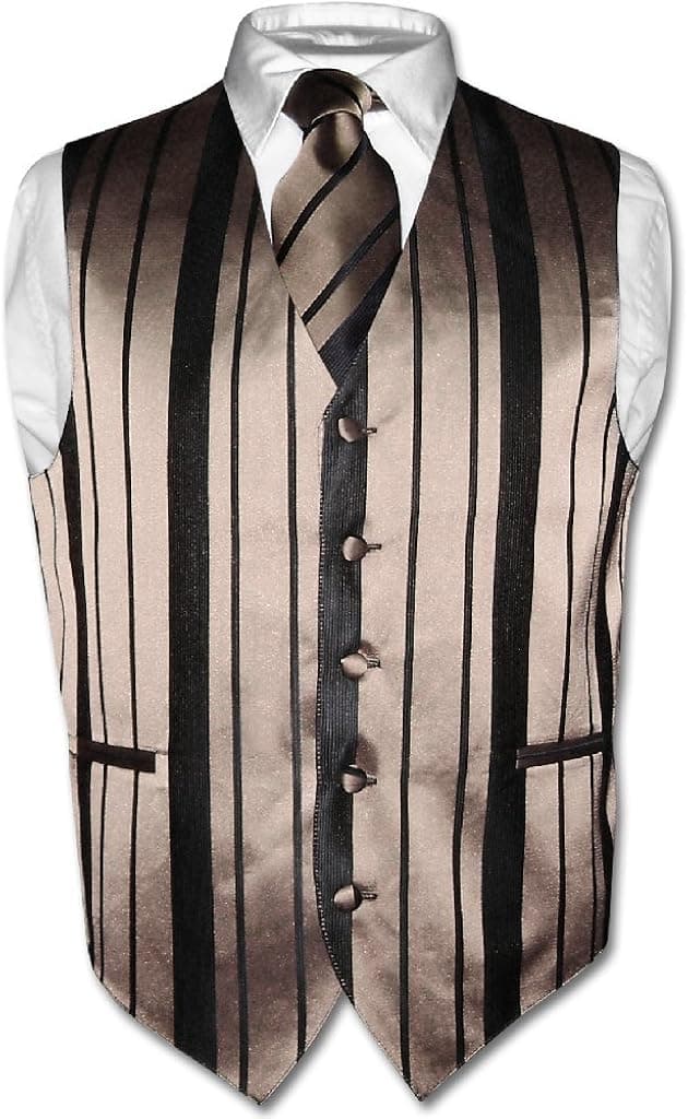 Vesuvio Napoli Men's Dress Vest & NeckTie TAUPE LIGHT BROWN Woven Striped Design Neck Tie Set