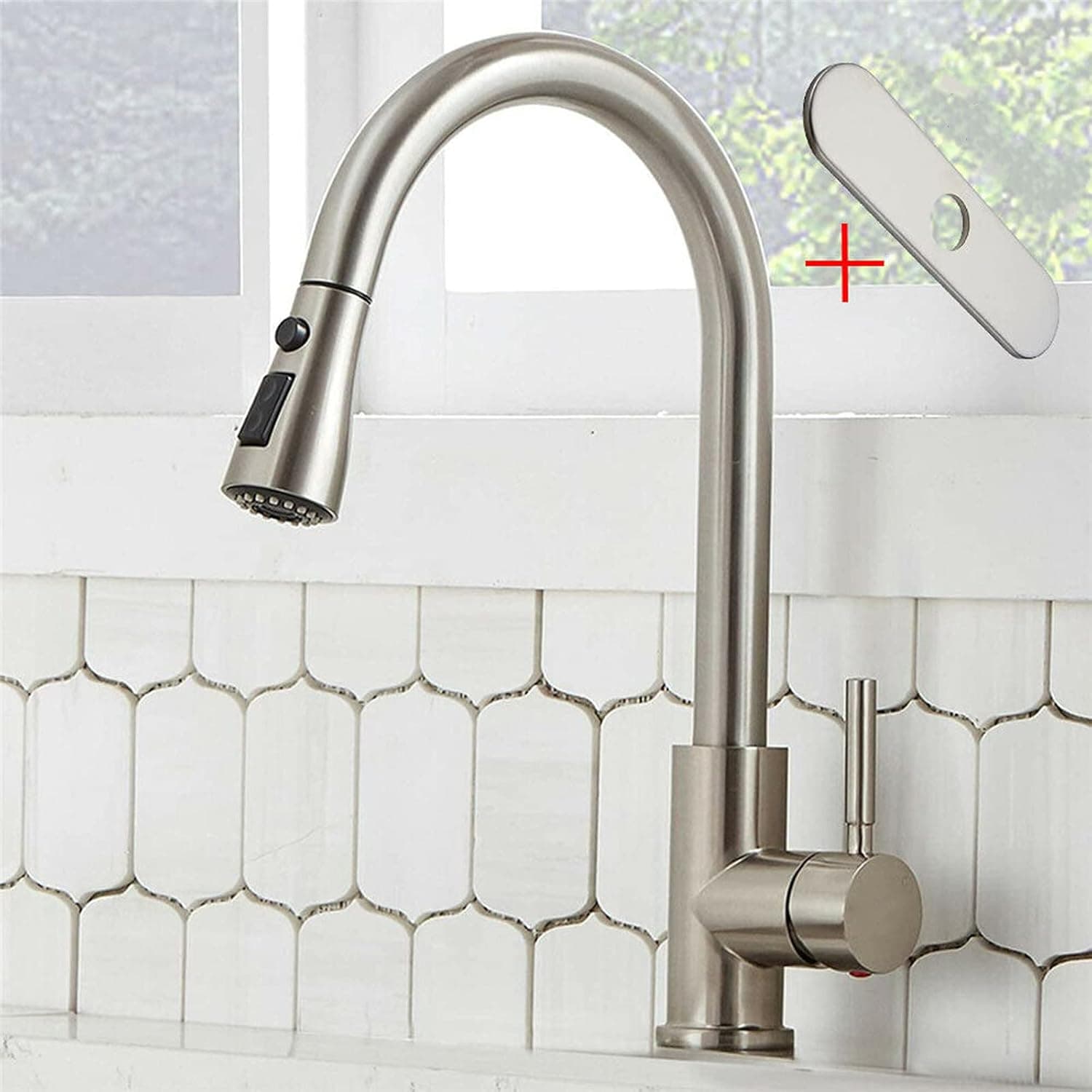 Brushed Nickel Kitchen Faucet High Arc Single Handle Kitchen Sink Faucet with Deck Plate 1-3 Hole Installation 3 Spray Modes(Stream/Spray/Pause) Stainless Steel Lead-Free Faucet for Kitchen Sinks