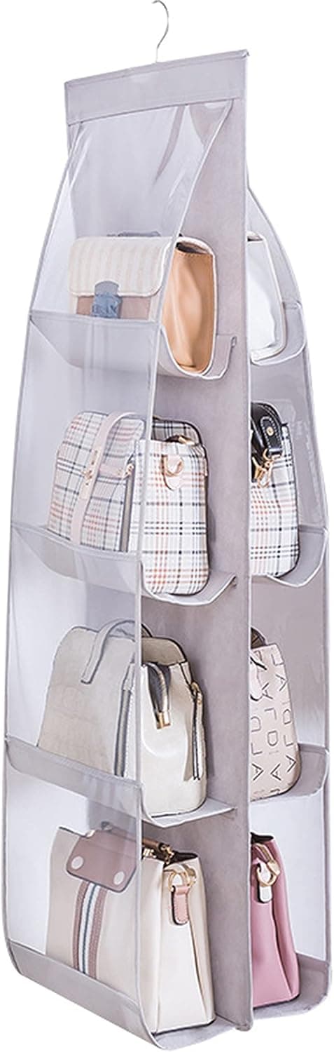 MURRI&MURRDI Handbag Organizer for Closet,Purse Storage Holder,Purse Hanger,8 Easy Access Clear PVC Pockets,Hanging Closet Organizer,Wardrobe Space Saving Organizers System,Washable (Gray)