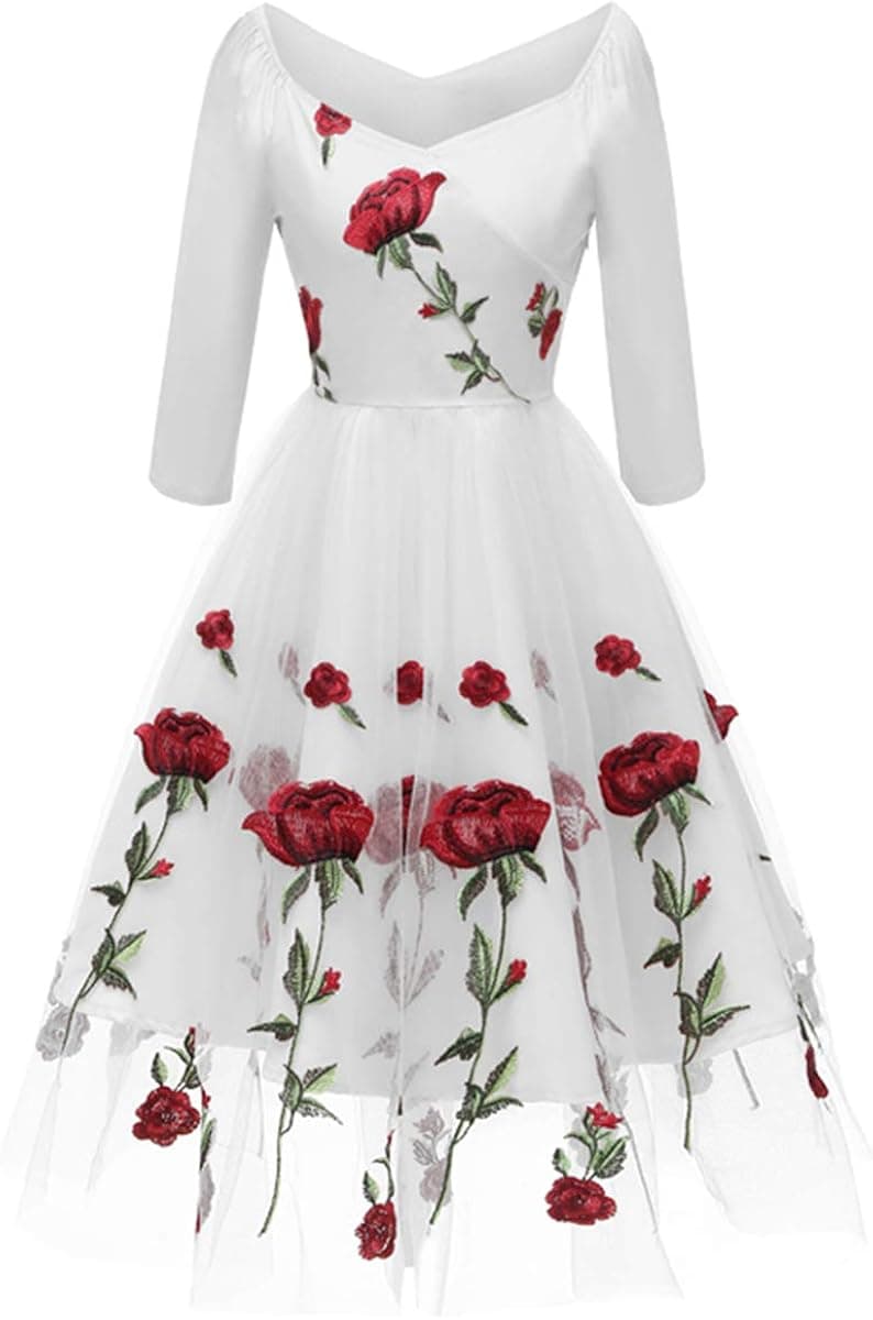 Women Vintage 1950s Embroidered Off Shoulder 3/4 Sleeves Flower Rose Wedding Cocktail Party Swing Gatsby Evening Short Gown