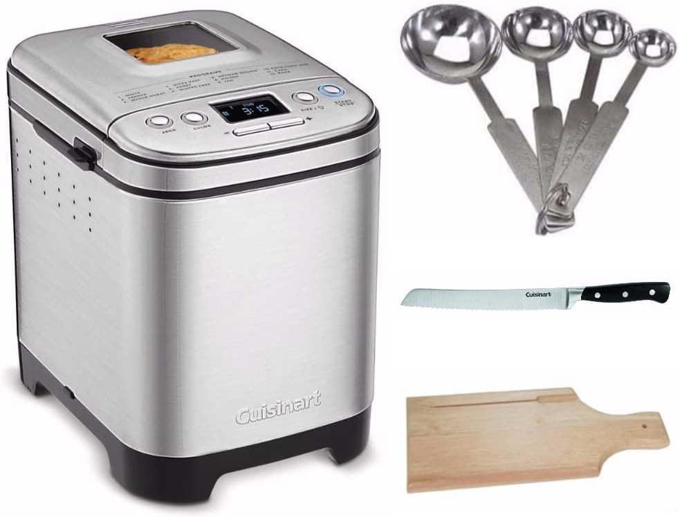 Cuisinart CBK-110 Programmable Compact Automatic Bread Maker Machine Bundle with Measuring Spoon Set, Bread Board, and Bread Knife - Makes a variety of loaf sizes and gluten-free options (4 Items)