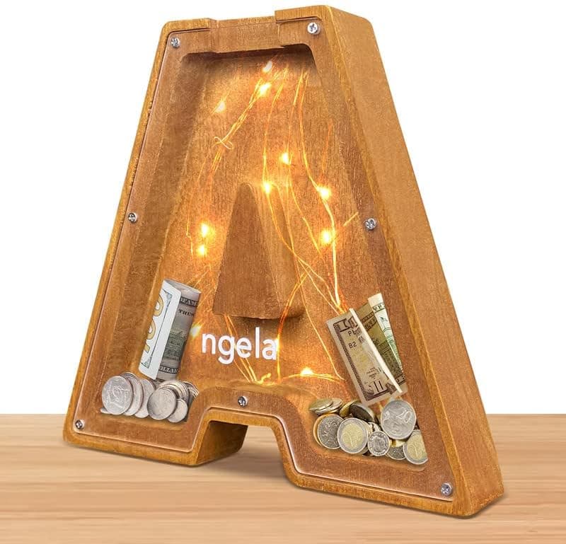 Wooden Letter Piggy Bank Large 26 Alphabet Money Bank Personalized Custom Name Transparent Saving Coin Bank Birthday Gift for Kids Boys Girls Adults