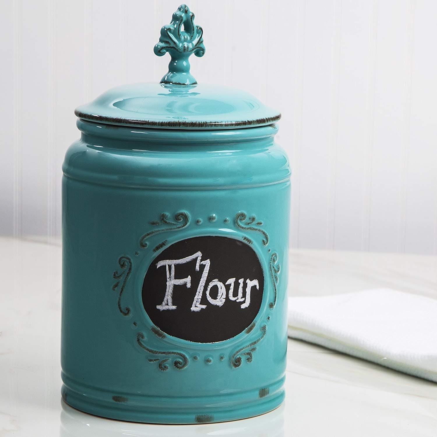 Decorative Ceramic Kitchen Canister, Kitchen Food Jar , Food Storage Container with Medallion Finial Lid - Aqua