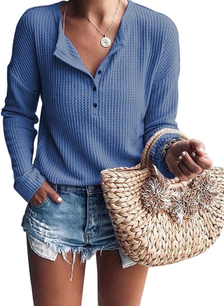 Donnalla Women's V Neck Henley Tops Waffle Knitted Blouse Long Sleeve Shirts Casual Sweatshirts