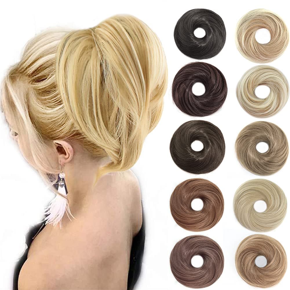 AQINBEL Messy Bun Hair Piece Hair Bun Hair Toppers for Women Straight Bun Hair Pieces Short Ponytail Bun Hair Extensions Tousled Updo Hair Bun Scrunchies With Elastic Rubber Band Hair Accessories (Light Ash Blonde & Bleach Blonde)
