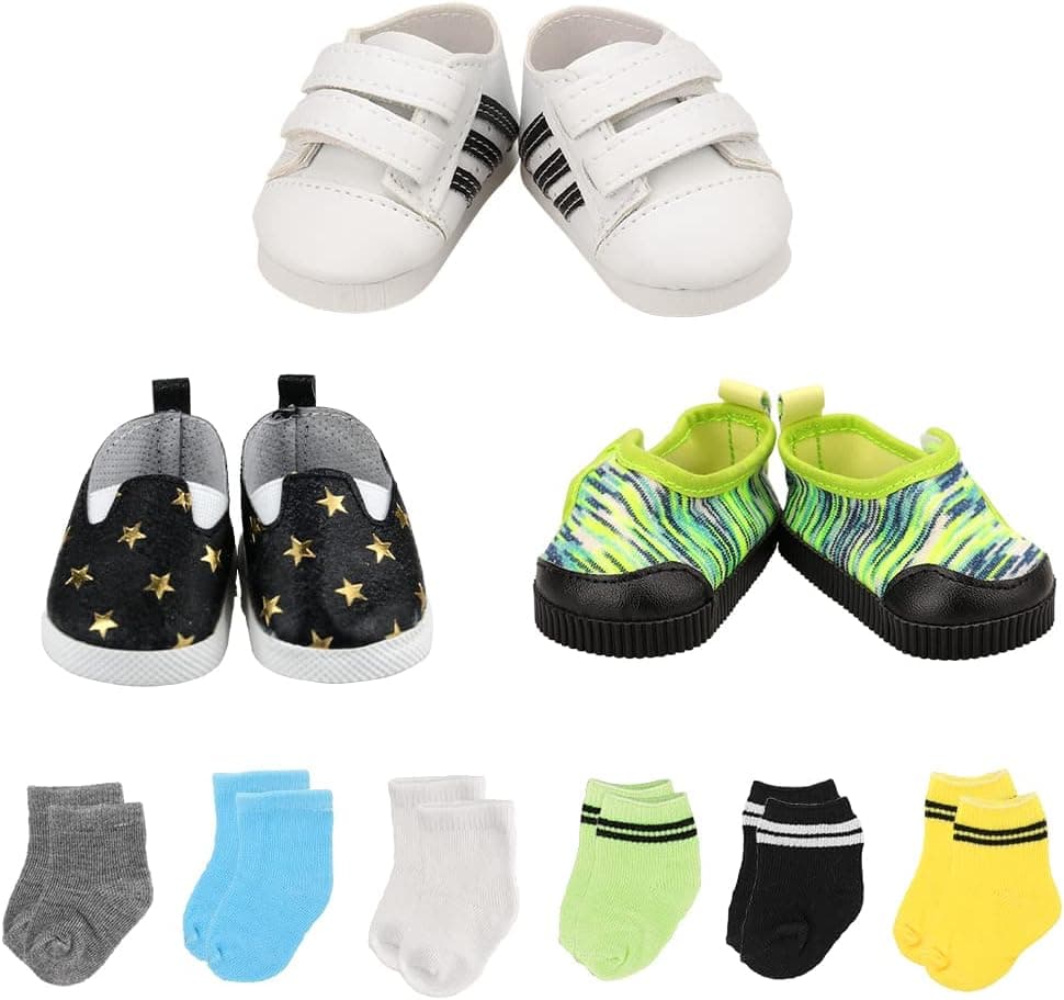 Miunana 9 pcs Doll Shoes for 18 inch Boy Doll Shoes Include 3 Sneakers + 6 Pair Free Socks for 18 Inch Doll