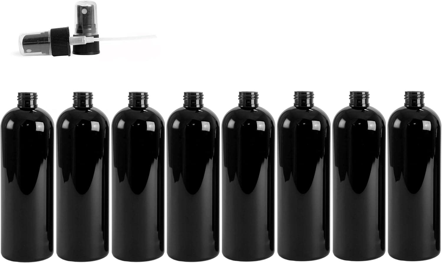 16 Ounce Cosmo Round Bottles, PET Plastic Empty Refillable BPA-Free, with Black Ribbed Fine Mist Pump Spray Caps (Pack of 8) (Black)
