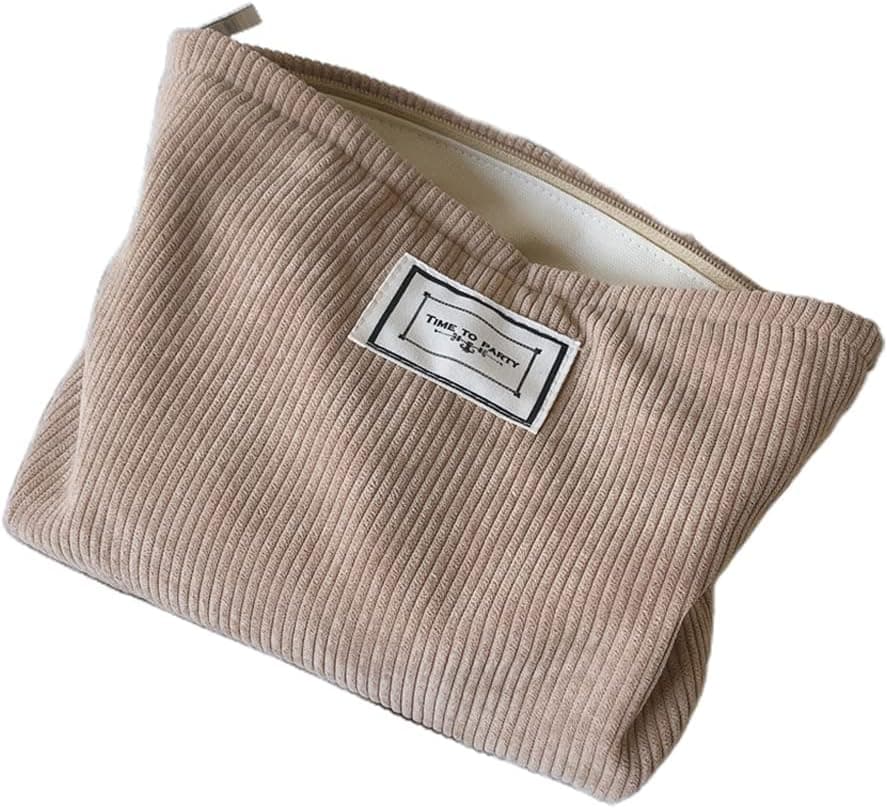Ruzida Soft Corduroy Makeup Bag for Women Large Solid Color Cosmetic Bags Travel Zipper Makeup Storage Organizer, Khaki