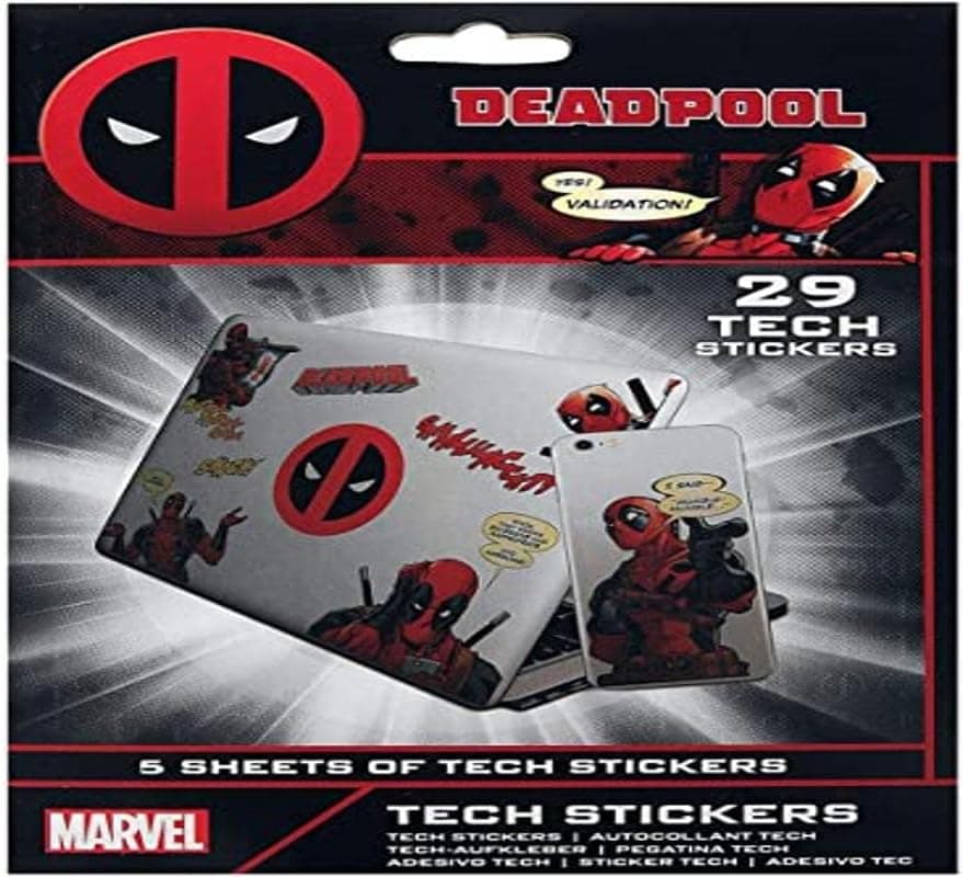 Marvel Deadpool Tech Stickers, Set of 29 Stickers for Laptops, Mobile Phones and Tablets (MERC with a Mouth Design) - Official Merchandise