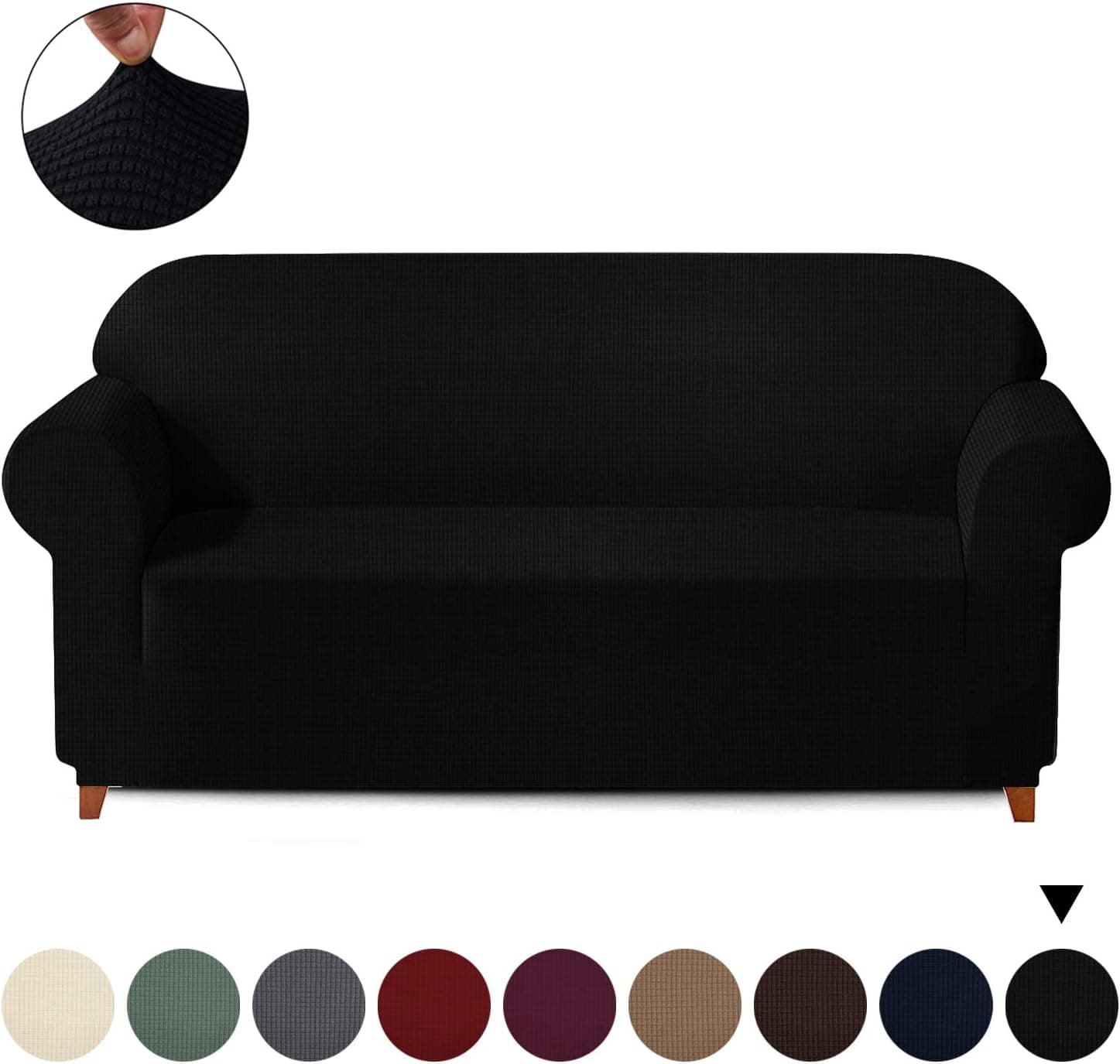 Jacquard Fit Stretch Sofa Cover - 1 Piece Elastic Furniture Protector Couch Cover, Polyester Spandex Soft Polar Fleece Plaid Non Slip Sofa Slipcovers (Sofa, Black)