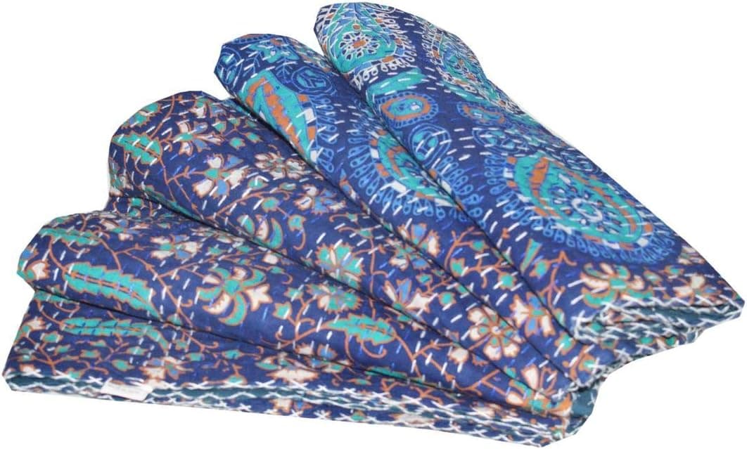 V Vedant Designs Blue Peacock Mandala Tapestry Throw Blanket Queen Bedspread Indian Kantha Embroidered Quilt 80x90 Inch, Blue