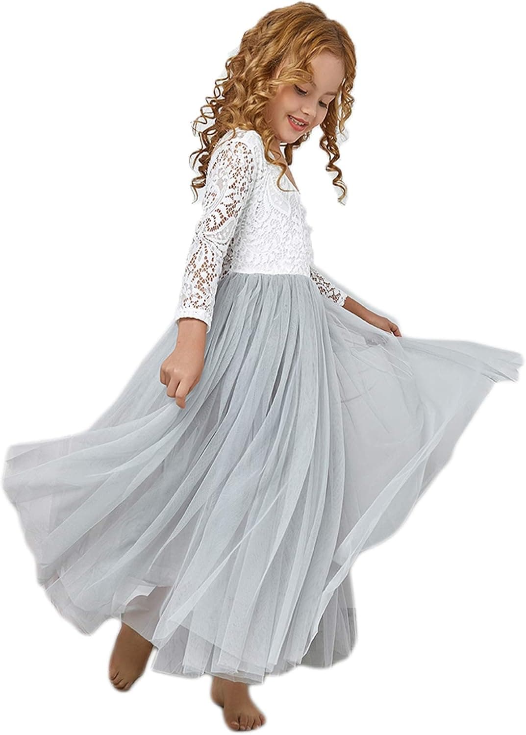 Cocoyeye Flower Girls Lace Sleeves Dresses for Wedding Toddler Easter Fancy Party Dress Long Sleeves