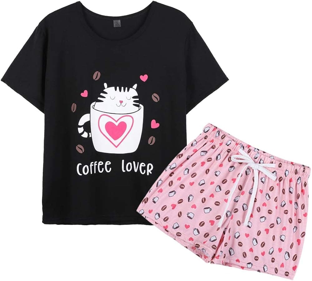 YIJIU Women's Cute Coffee Cat Sleepwear Short Sleeve Tee and Shorts Pajama Set