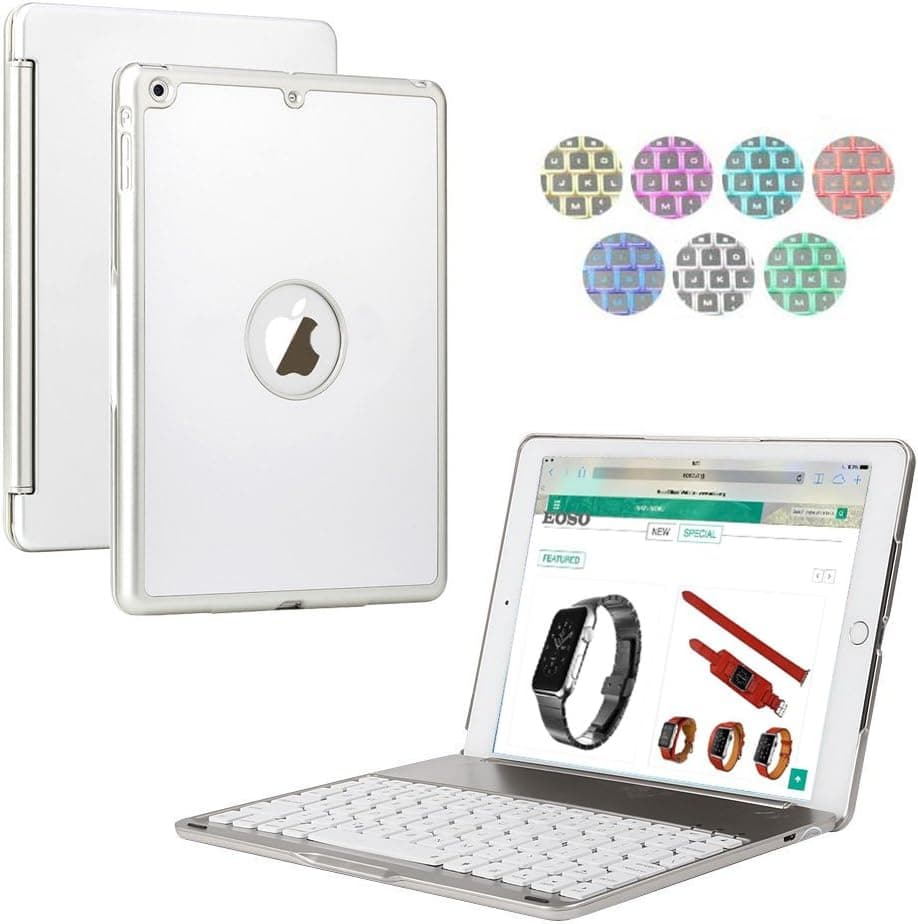 New iPad Keyboard Case, Eoso Aluminum Ultra-Thin 7 Colors LED Backlit iPad Keyboard with Protective Case Cover (iPad Air 1, iPad Air 1 Silver 2016)