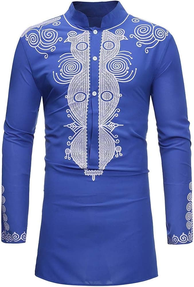 Mens Luxury African Royal Print Long Sleeve Dashiki Slim Fit Shirt Tunic Tops