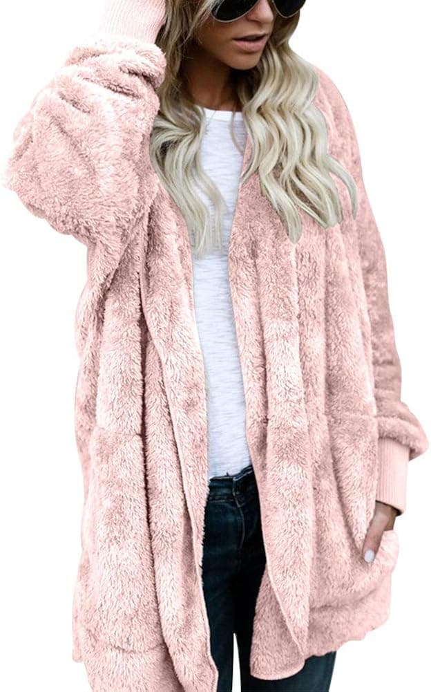 Womens Open Front Loose Hooded Fleece Sherpa Jacket Cardigan Coat for Winter